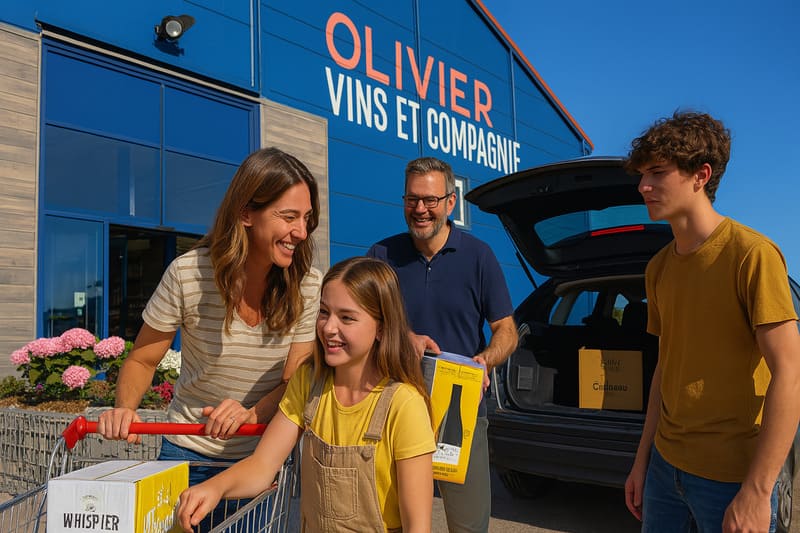 Travellers at Olivier Vins near Calais, picking up wine before driving to their holiday destination in France – with easy parking and quick access for duty-free deals.